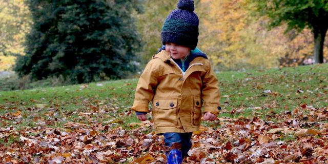 Enfant marchant sur les feuilles mortes